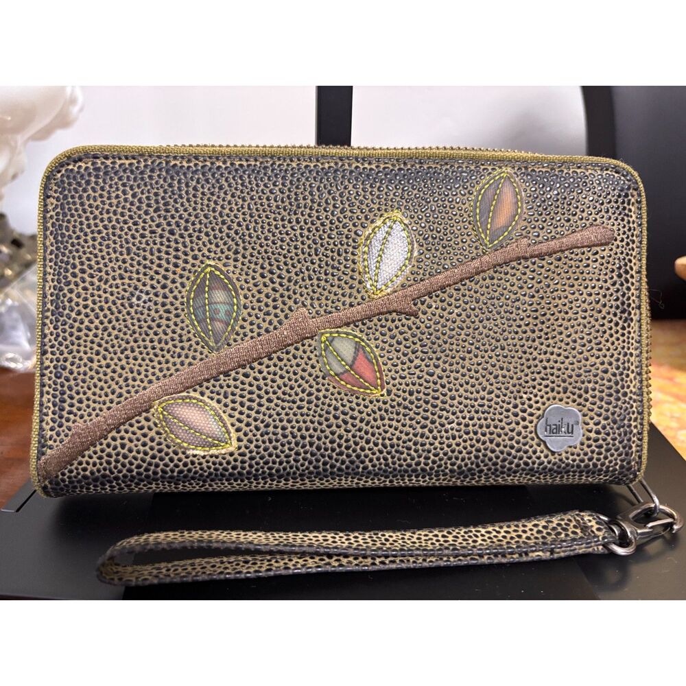 Haiku Embroidered Leaf & Twig Zip Around Wristlet Wallet Clutch